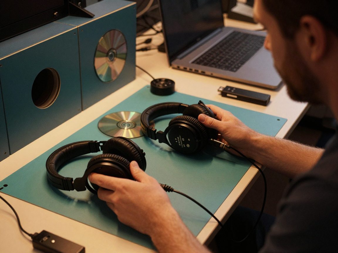Mastering-Abnahme mit Kopfhörern und Datenträgern am Tisch.