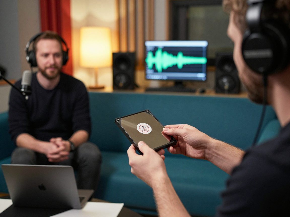Engineer handing podcast files to host wearing headphones.