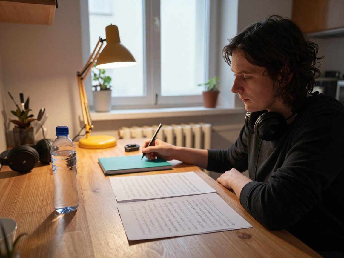 Singer preparing at home with water and headphones.