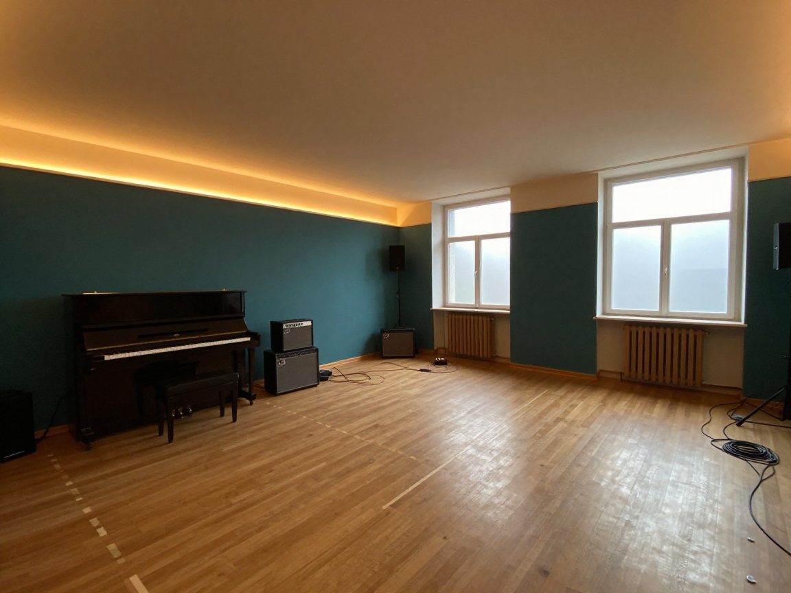 Empty live room with piano, amps, and daylight.