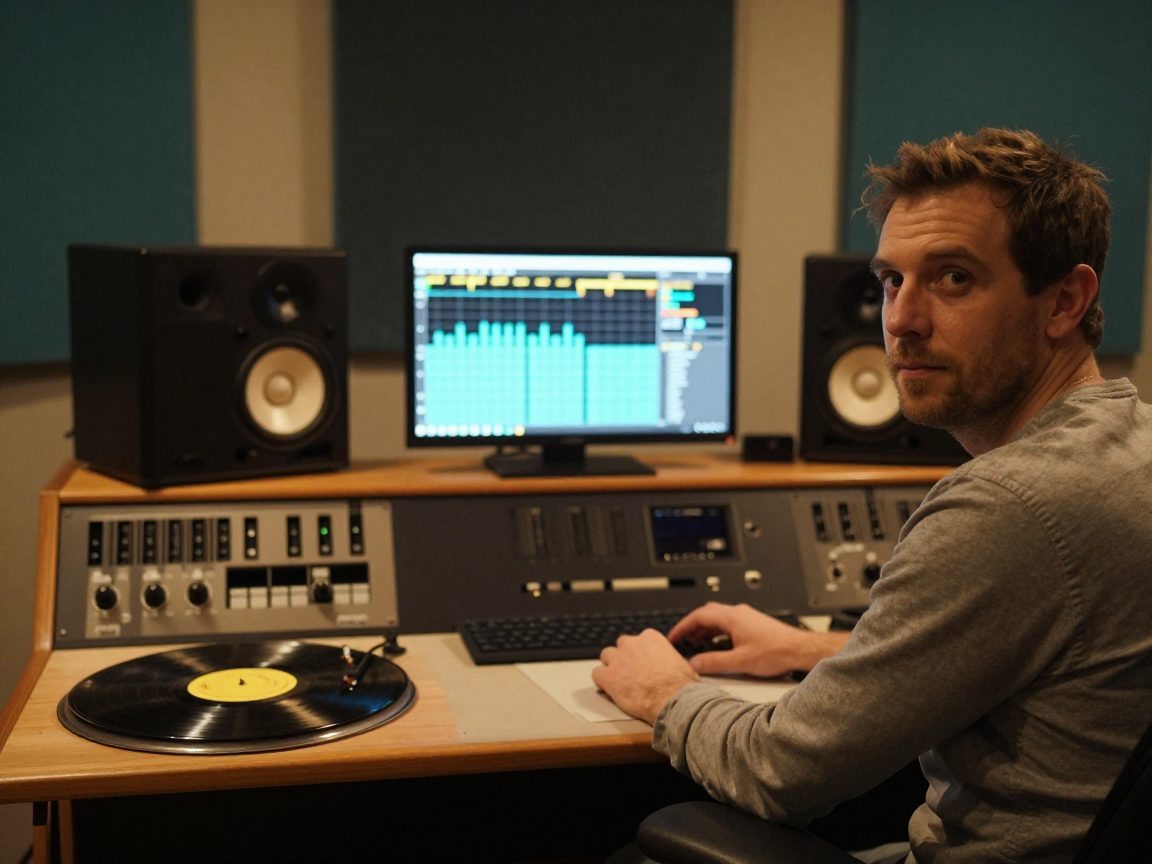Mastering desk with full-range speakers and vinyl test pressings.