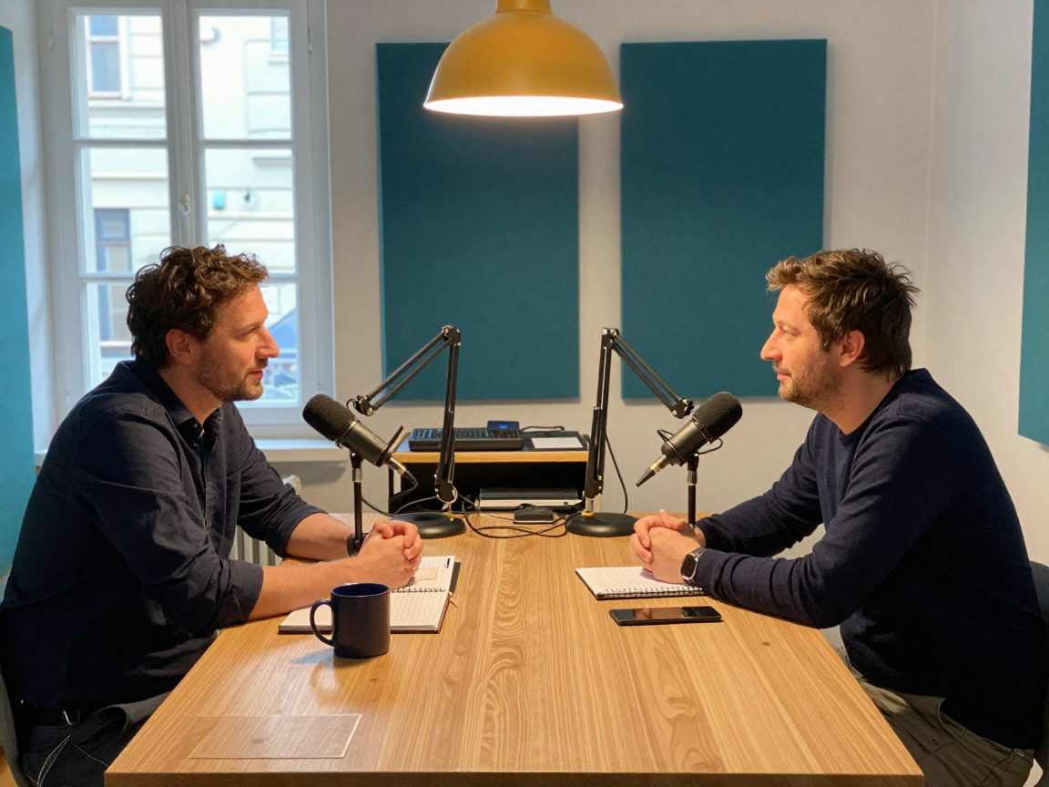 Two podcast hosts at the table with microphones, engineer nearby.