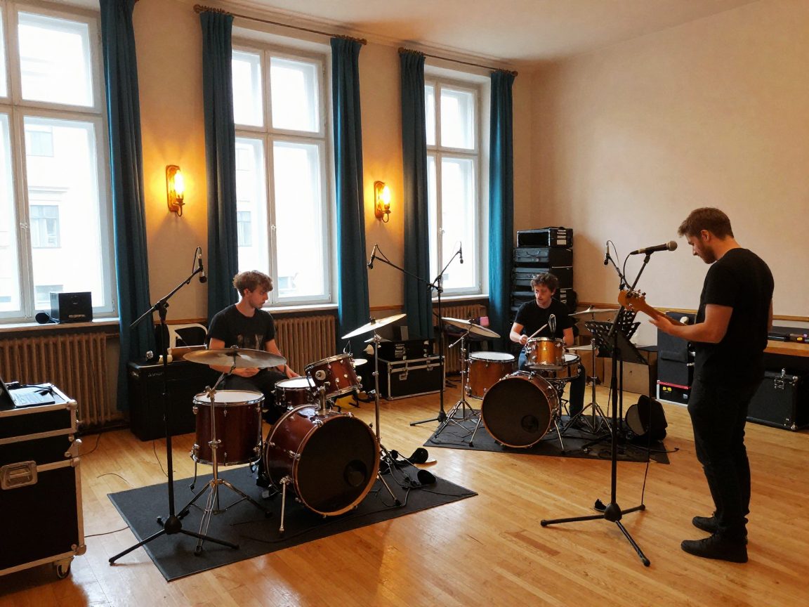 Band rehearsing in the live room with overheads and mobile rack.