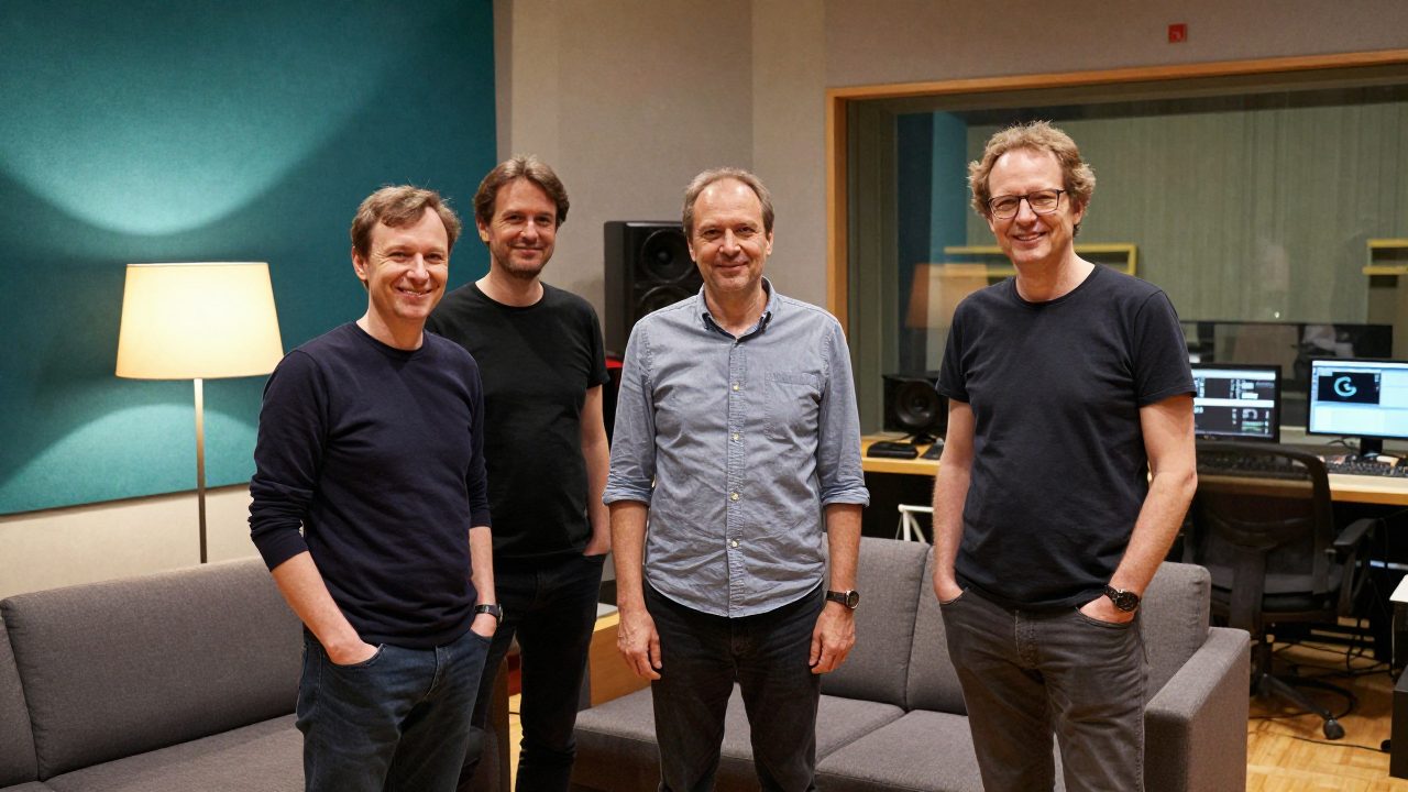 Three team members standing relaxed in the studio lounge.