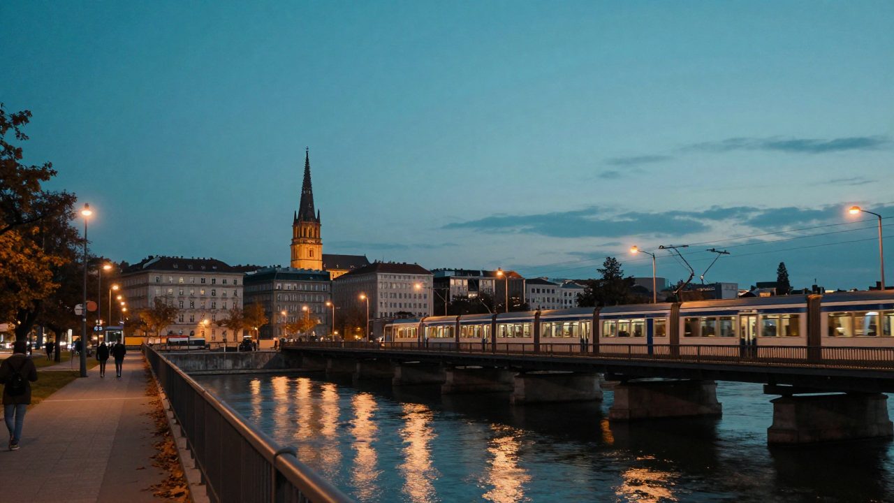 Vienna city view along the Danube canal at blue hour.