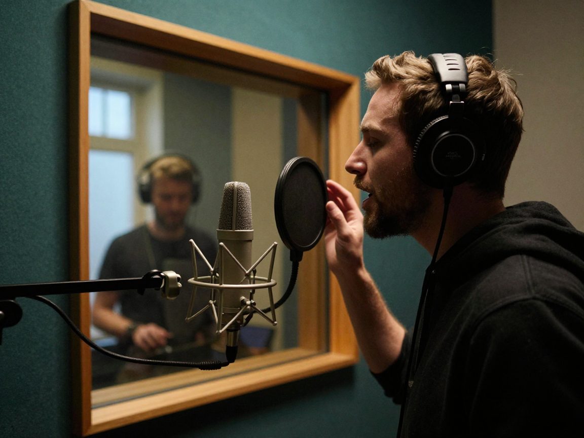 Vocal session in the booth with engineer behind glass.